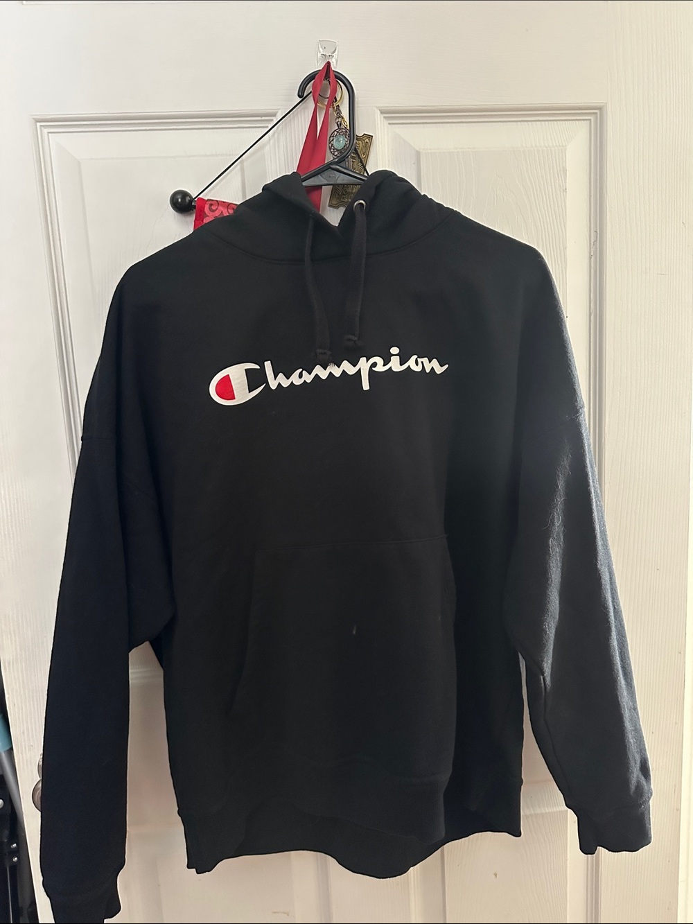 Champion Black Crewneck Logo Hoodie Sweatshirt with White & Red Logo